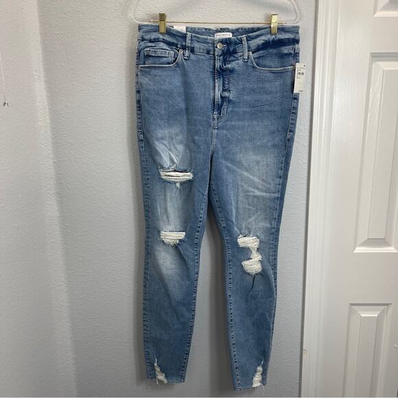 Good American Good Waist Jeans Indigo Distressed Raw Chewed Hem - Picture 2 of 12